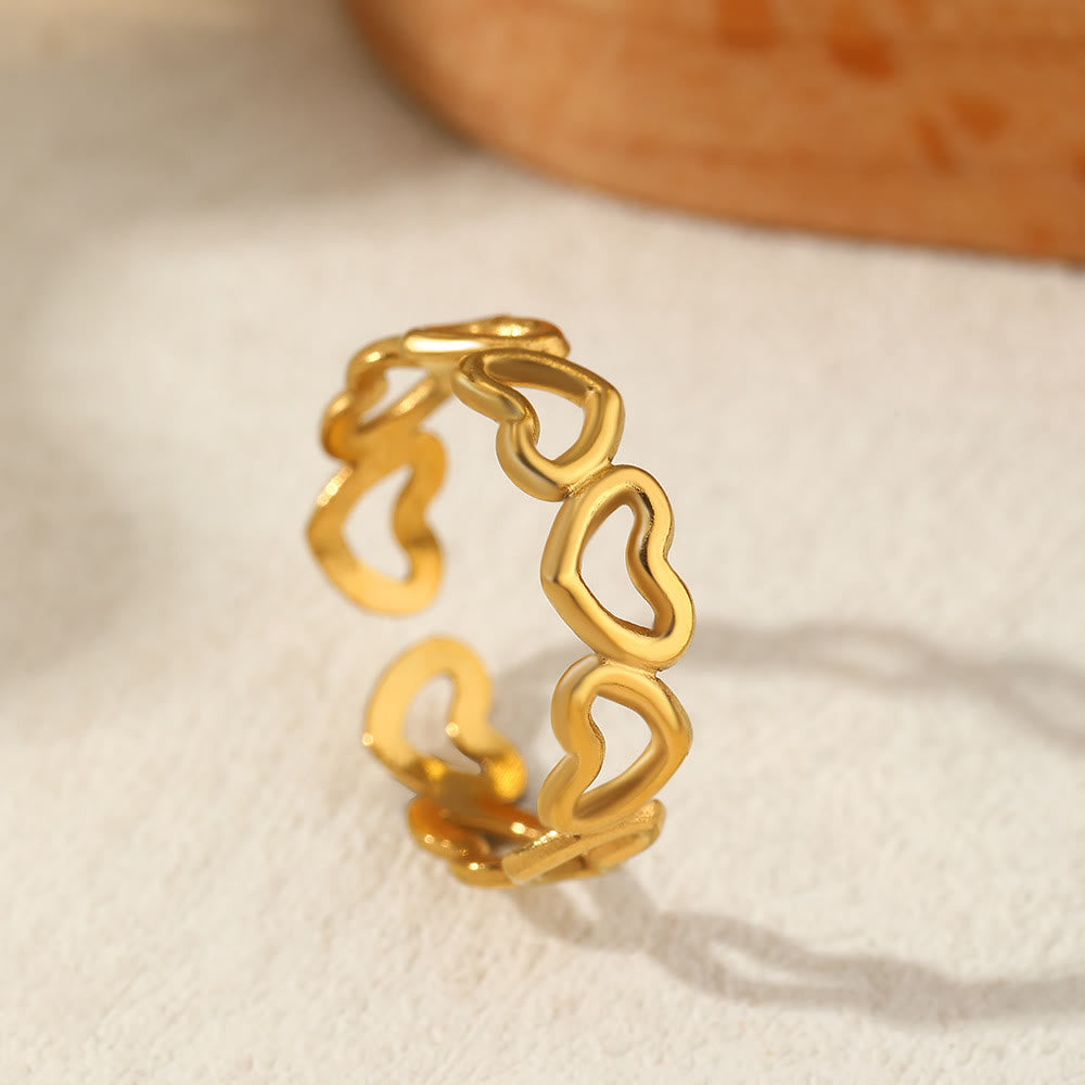 HilalHaven Assorted Open Ring Collection — Leaves, Celestial &amp; Geometric Styles for Daily Wear - Golden Open Heart Link Ring - image 16