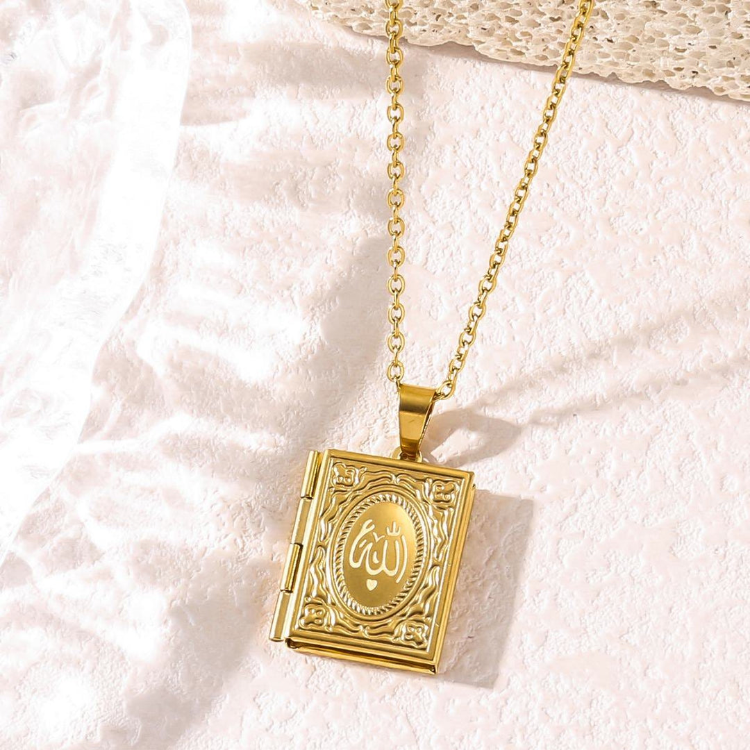 HilalHaven Allah Locket Pendant Necklace — Polished Stainless Steel - Golden Book - image 3