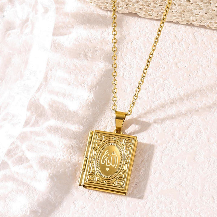 HilalHaven Allah Locket Pendant Necklace — Polished Stainless Steel - Golden Book - image 3