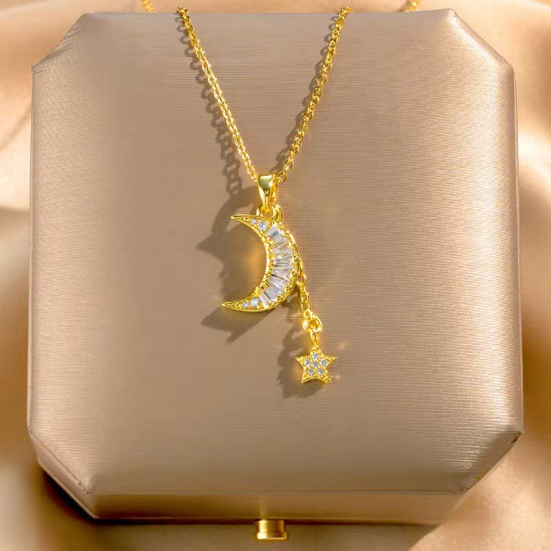 HilalHaven Dainty Moon &amp; Star Pendant Necklace — Delicate Crystal Accents - Crescent &amp; Star - image 0