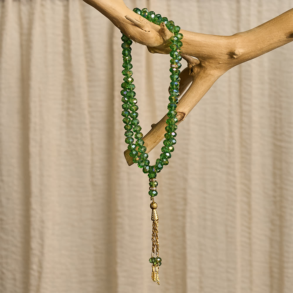 HilalHaven Elegant Faceted Crystal 99 Beads Tasbih — Vintage Rosary with Feather Tassel - image 19