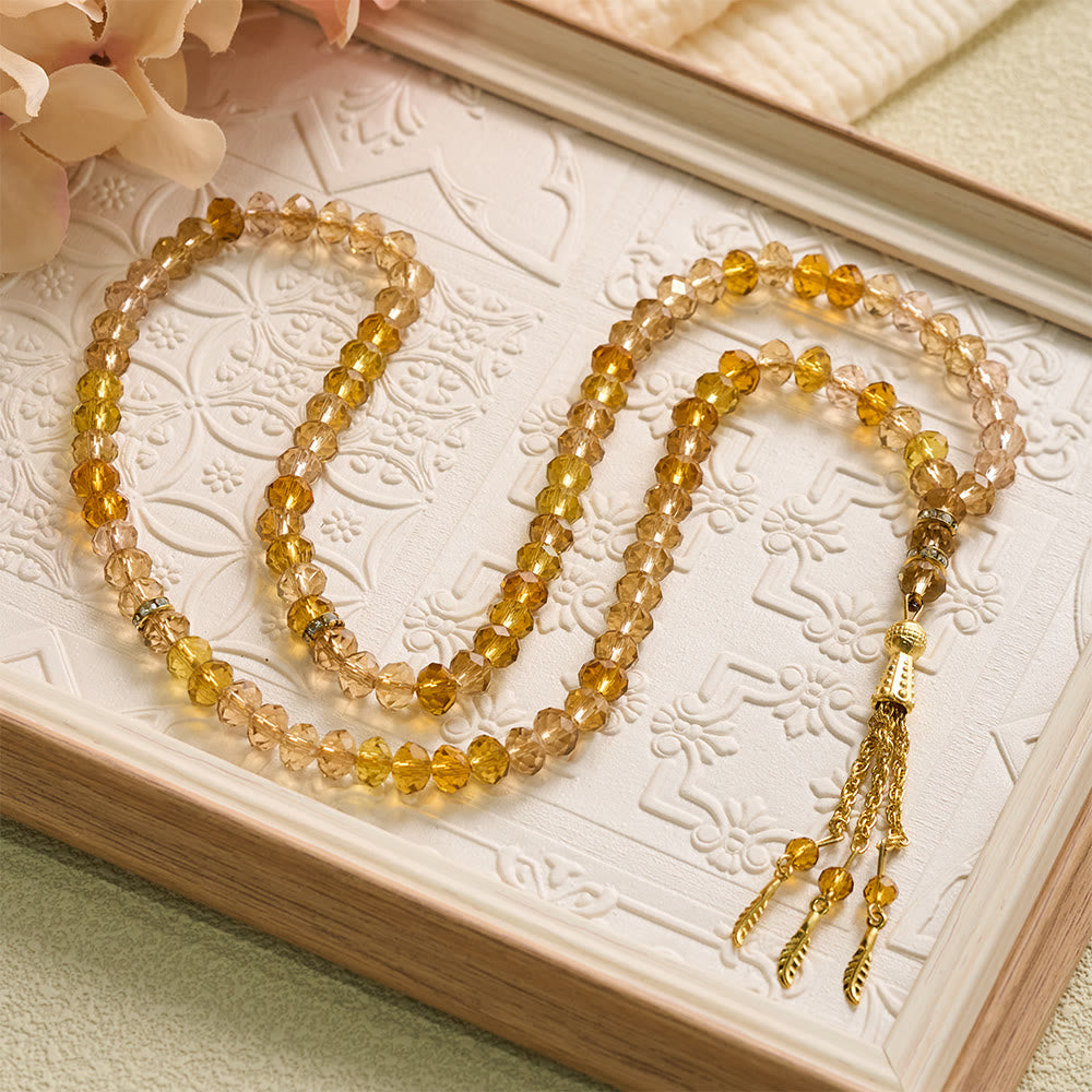 HilalHaven Elegant Faceted Crystal 99 Beads Tasbih — Vintage Rosary with Feather Tassel - image 0