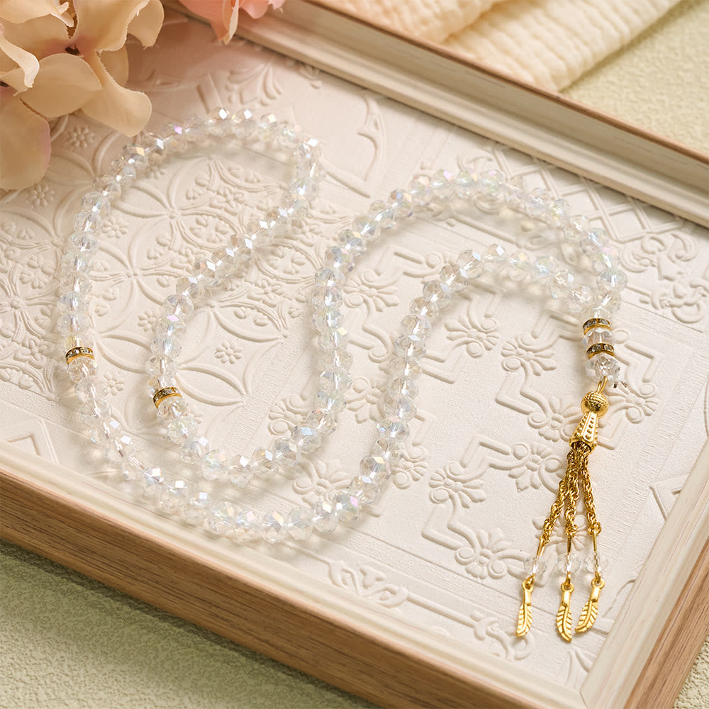 HilalHaven Elegant Faceted Crystal 99 Beads Tasbih — Vintage Rosary with Feather Tassel - image 8
