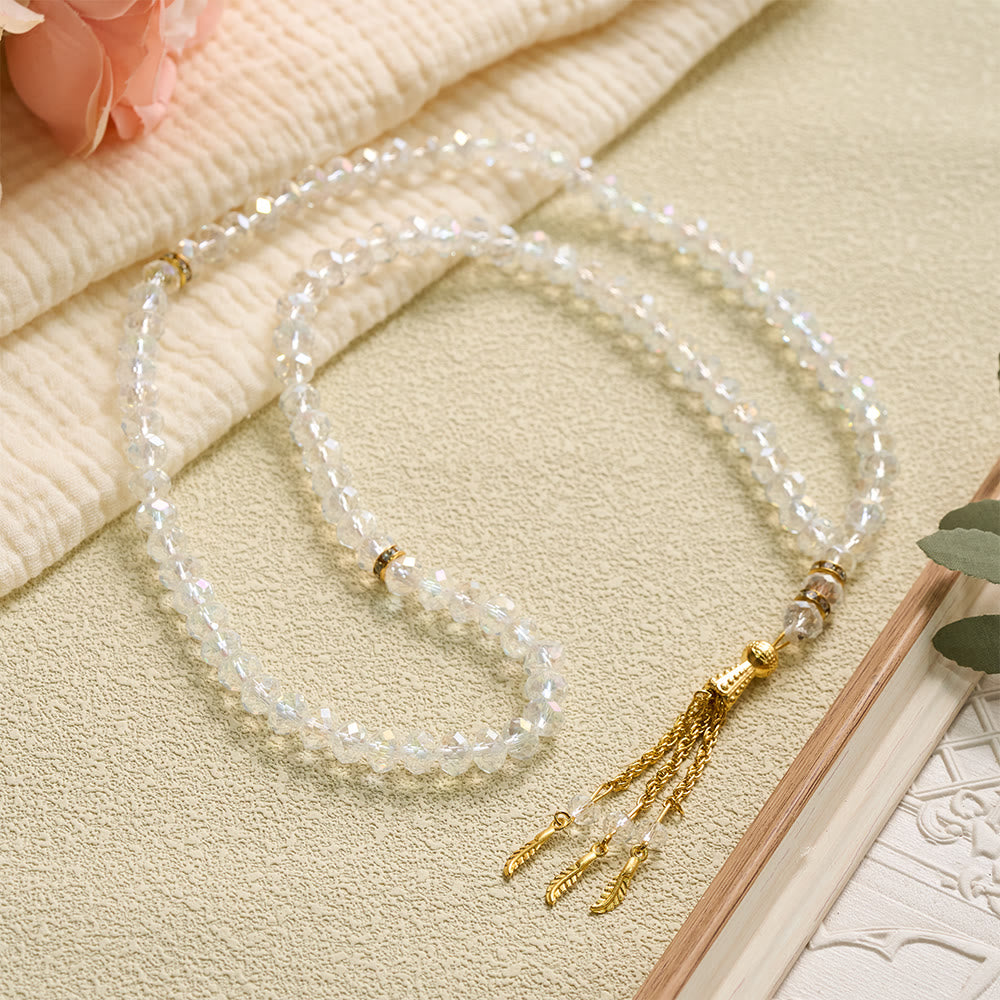 HilalHaven Elegant Faceted Crystal 99 Beads Tasbih — Vintage Rosary with Feather Tassel - image 9