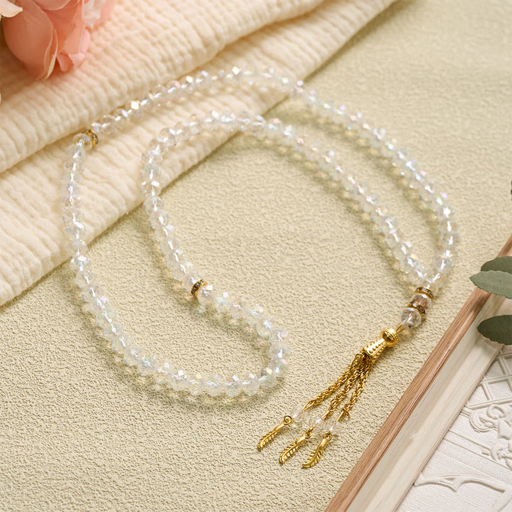 HilalHaven Elegant Faceted Crystal 99 Beads Tasbih — Vintage Rosary with Feather Tassel - image 9