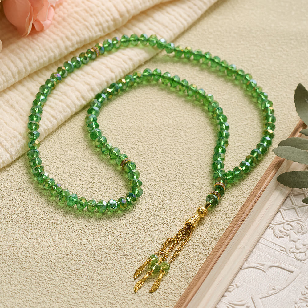 HilalHaven Elegant Faceted Crystal 99 Beads Tasbih — Vintage Rosary with Feather Tassel - image 17