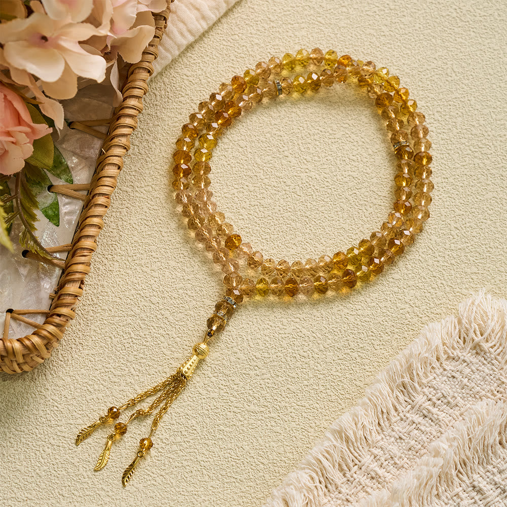 HilalHaven Elegant Faceted Crystal 99 Beads Tasbih — Vintage Rosary with Feather Tassel - Golden - image 2