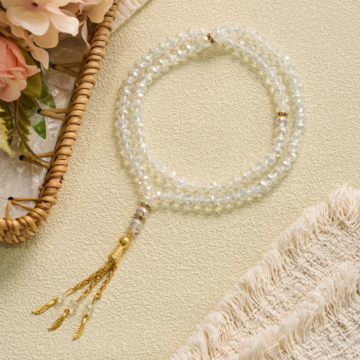 HilalHaven Elegant Faceted Crystal 99 Beads Tasbih — Vintage Rosary with Feather Tassel - Transparent - image 10