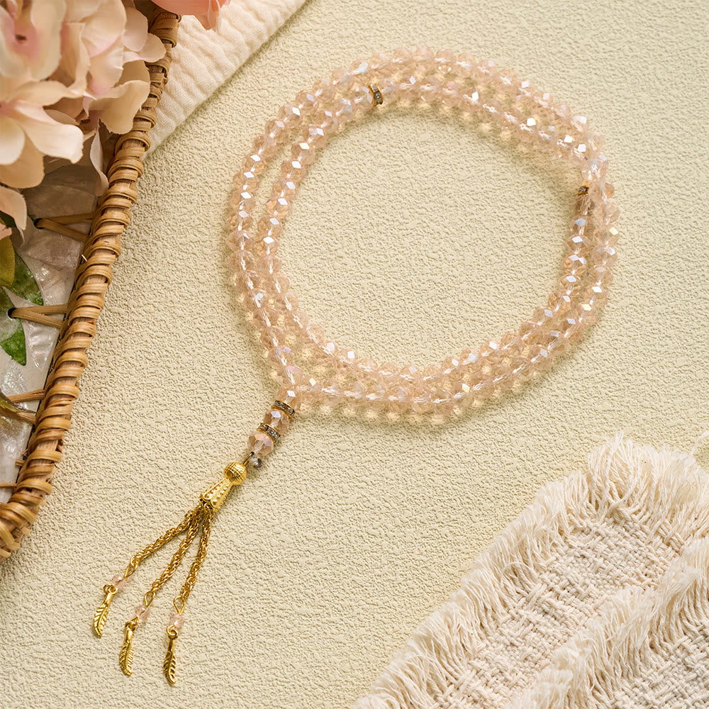 HilalHaven Elegant Faceted Crystal 99 Beads Tasbih — Vintage Rosary with Feather Tassel - Pink - image 6