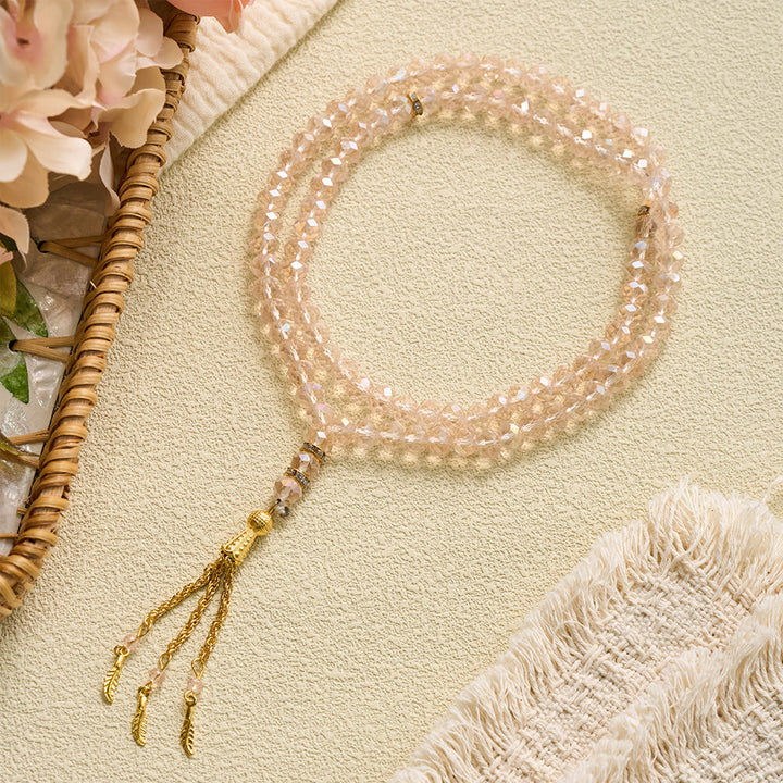 HilalHaven Elegant Faceted Crystal 99 Beads Tasbih — Vintage Rosary with Feather Tassel - Pink - image 6