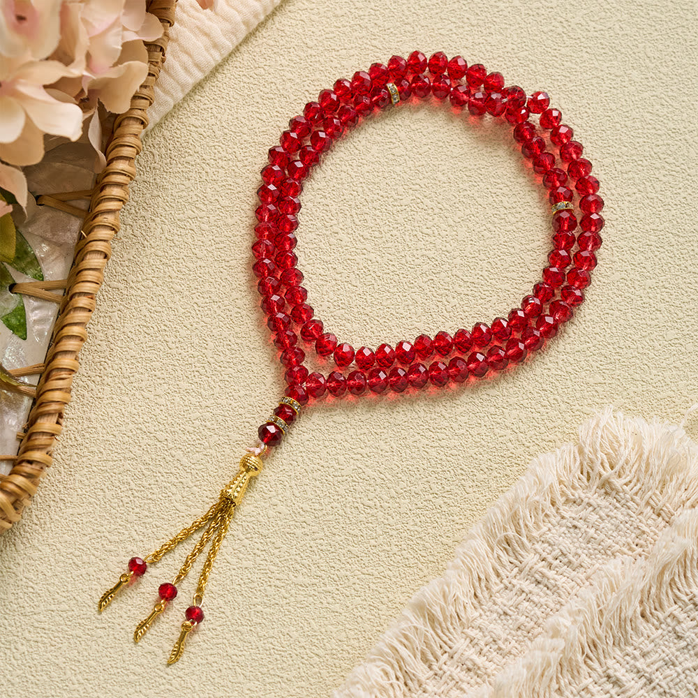 HilalHaven Elegant Faceted Crystal 99 Beads Tasbih — Vintage Rosary with Feather Tassel - Red - image 14