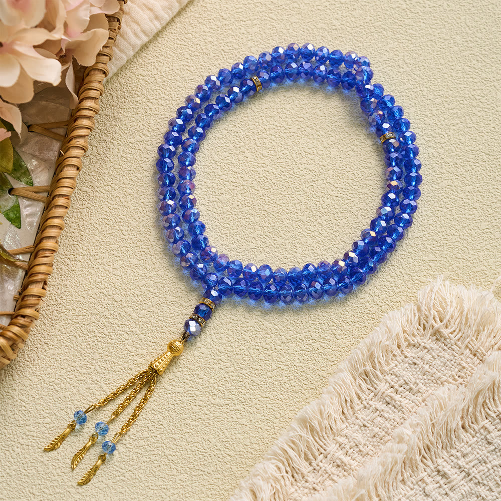 HilalHaven Elegant Faceted Crystal 99 Beads Tasbih — Vintage Rosary with Feather Tassel - Blue - image 22