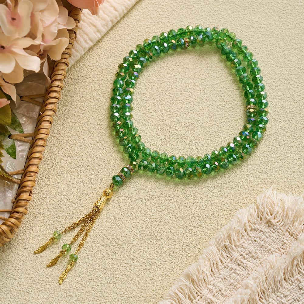 HilalHaven Elegant Faceted Crystal 99 Beads Tasbih — Vintage Rosary with Feather Tassel - Green - image 18