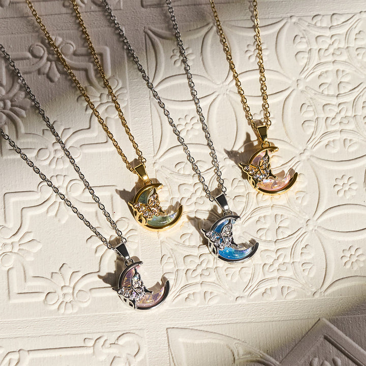 HilalHaven Dainty Moon &amp; Butterfly Pendant Necklace — Shimmering Crystal Accents - image 0