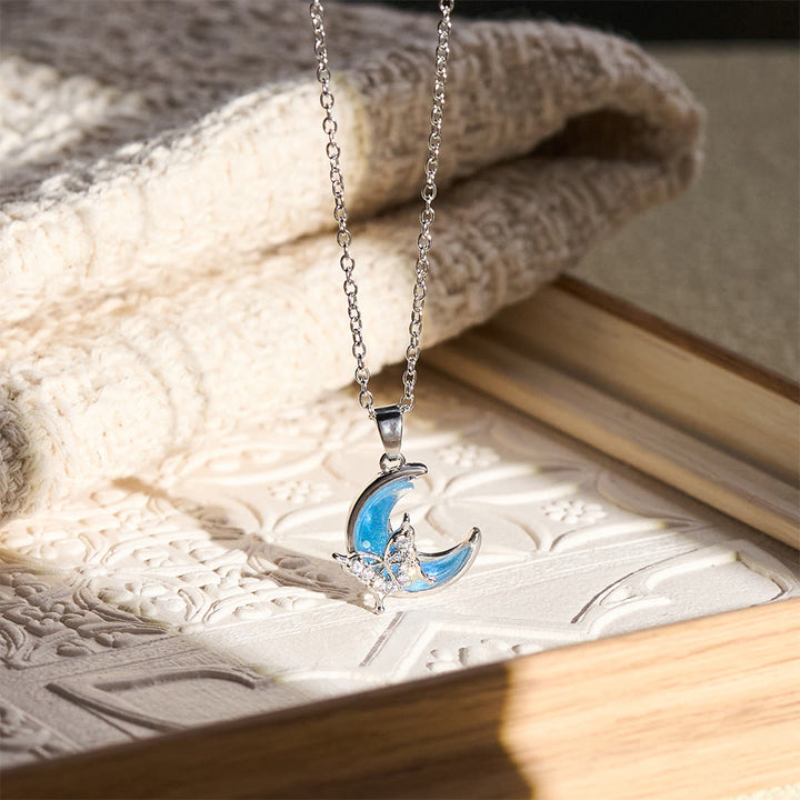 HilalHaven Dainty Moon &amp; Butterfly Pendant Necklace — Shimmering Crystal Accents - Blue Moon Butterfly(Silver Chain) - image 4