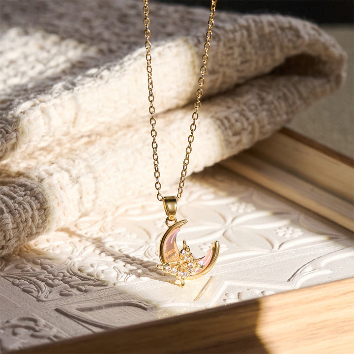 HilalHaven Dainty Moon &amp; Butterfly Pendant Necklace — Shimmering Crystal Accents - Pink Moon Butterfly(Golden Chain) - image 7