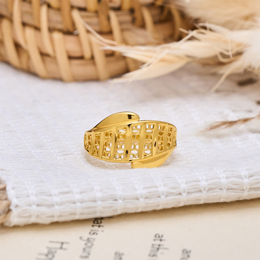 HilalHaven Polished Gold-Plated Copper Rings — Three Detailed Openwork Designs - Golden Wide Band Textured Ring - US9 - image 9