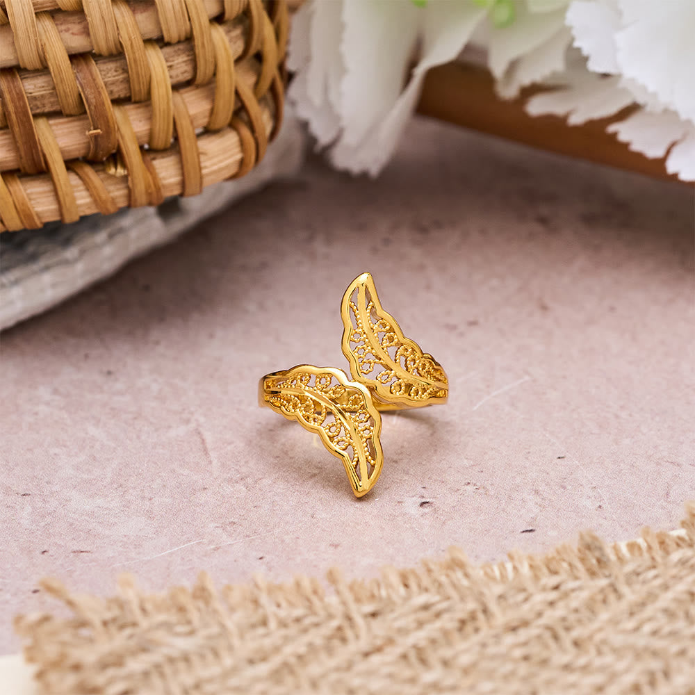 HilalHaven Polished Gold-Plated Copper Rings — Three Detailed Openwork Designs - Golden Double Leaf Ring - US9 - image 0