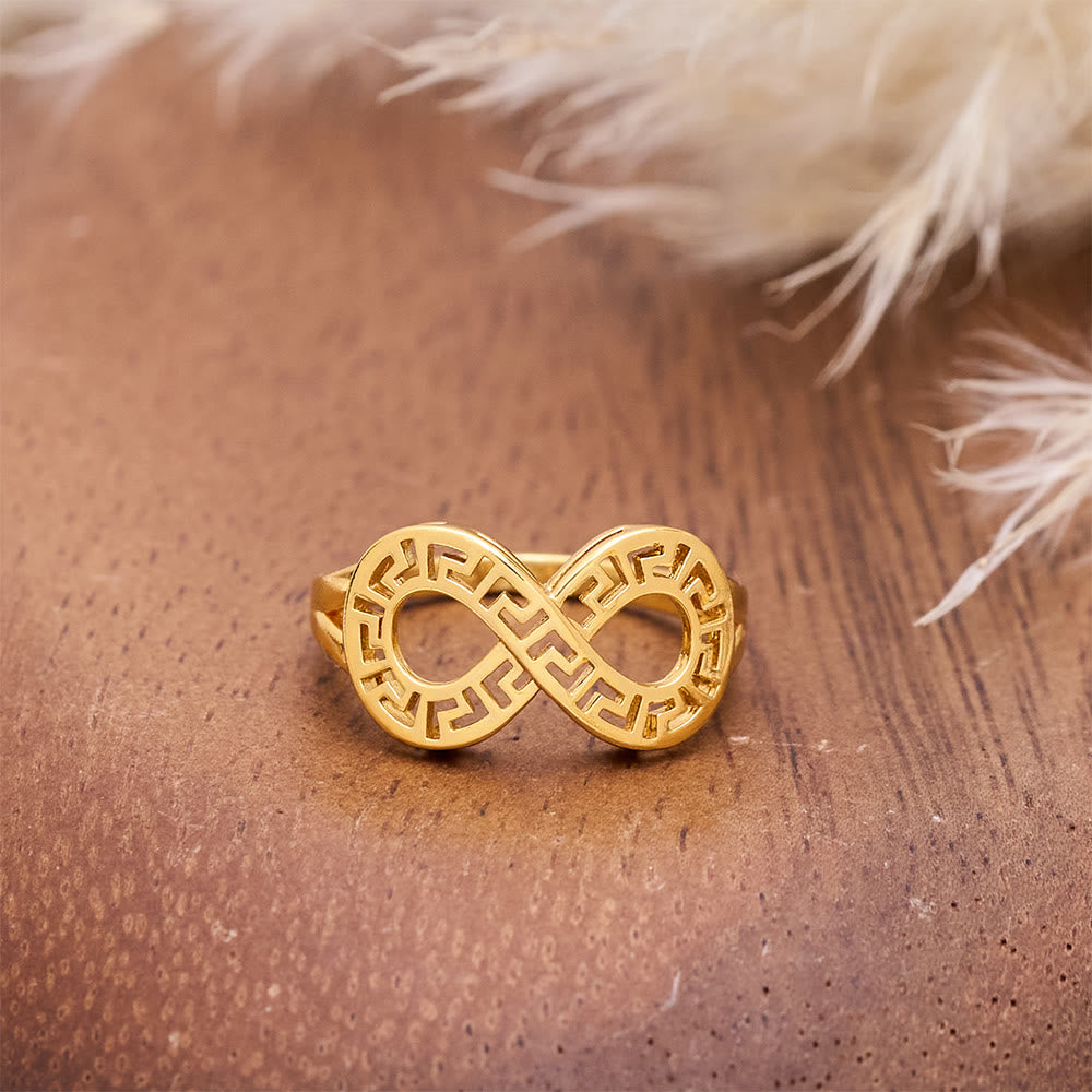 HilalHaven Polished Gold-Plated Copper Rings — Three Detailed Openwork Designs - Golden Infinity Ring - US9 - image 4