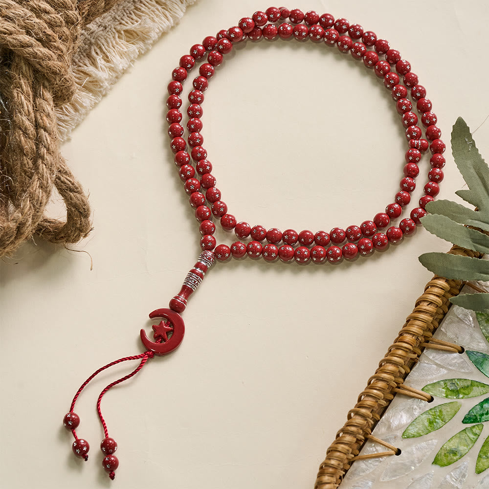 HilalHaven Serene Acrylic Bead Strand — Polished Calming Tassel Meditation Beads - Cinnabar Red / Deep Wine Red - image 8