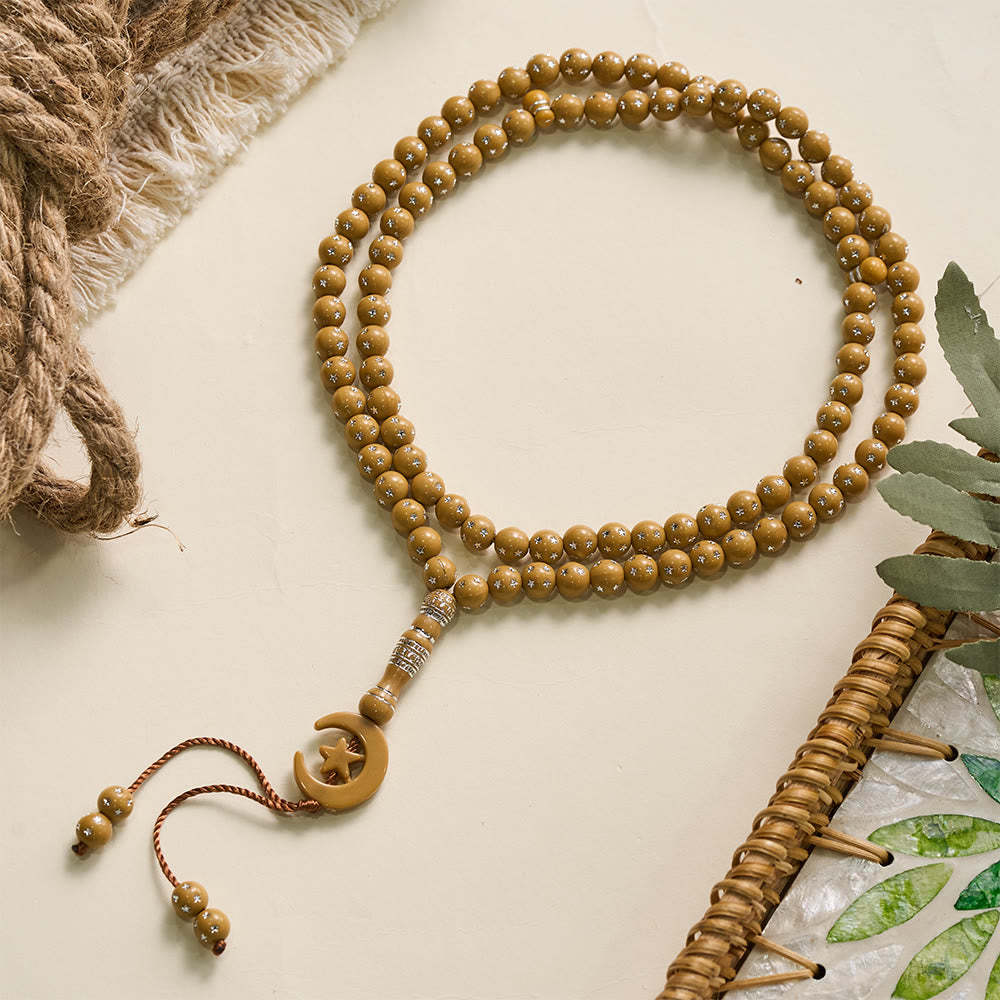 HilalHaven Serene Acrylic Bead Strand — Polished Calming Tassel Meditation Beads - Light Golden Wood Tone - image 4
