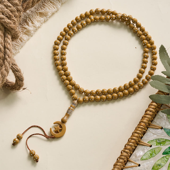 HilalHaven Serene Acrylic Bead Strand — Polished Calming Tassel Meditation Beads - Light Golden Wood Tone - image 4