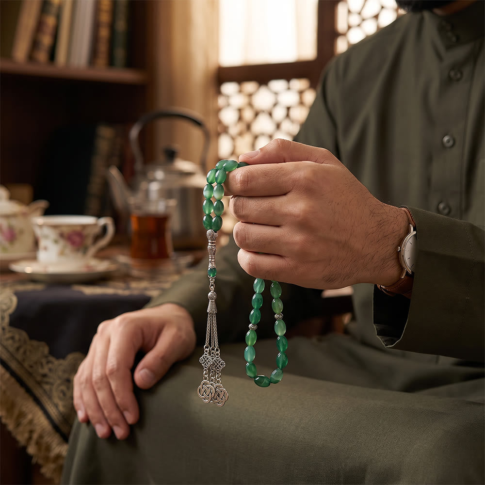 HilalHaven Artisan Green Stone 33 Beads Tasbih ——— Calming Green Oval Meditation Beads - image 4