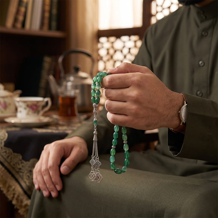 HilalHaven Artisan Green Stone 33 Beads Tasbih ——— Calming Green Oval Meditation Beads - image 4