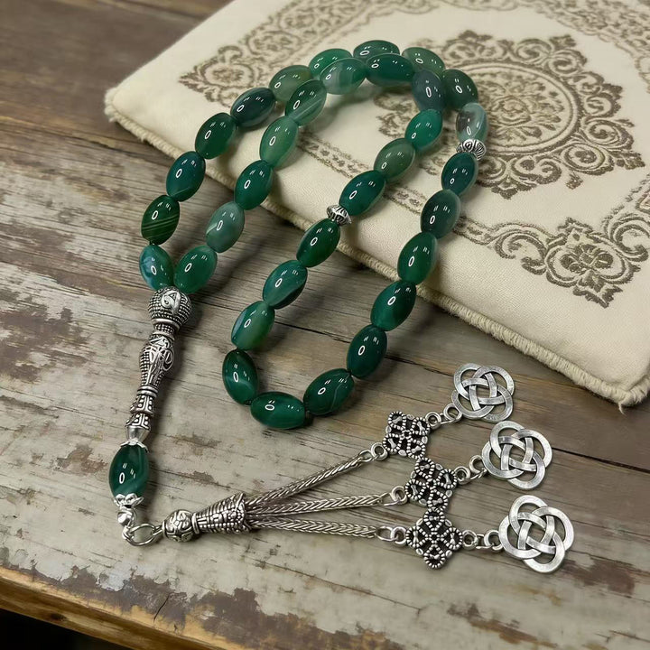 HilalHaven Artisan Green Stone 33 Beads Tasbih ——— Calming Green Oval Meditation Beads - Natural Green Agate - image 0