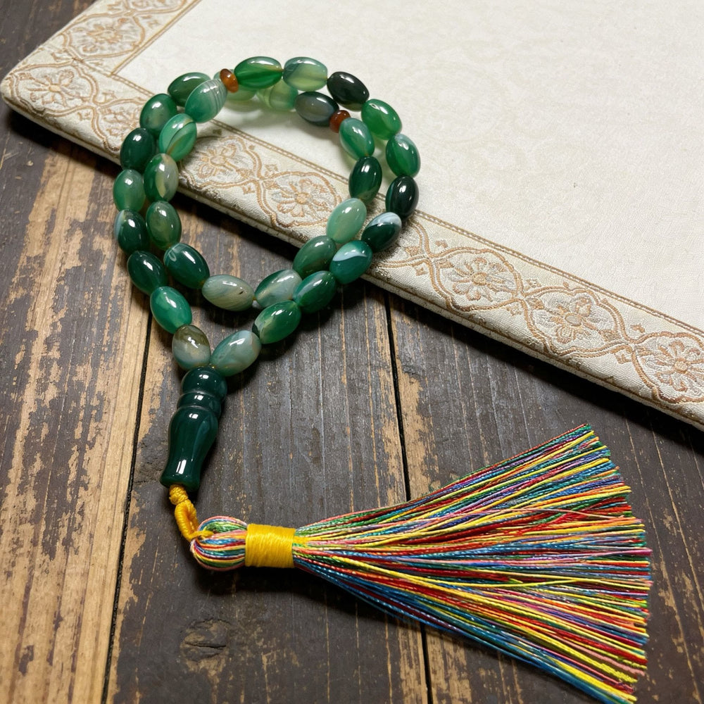 HilalHaven Natural Green Agate Oval 33 Beads Tasbih — Handcrafted Multicolor Tassel Meditation Set - image 1
