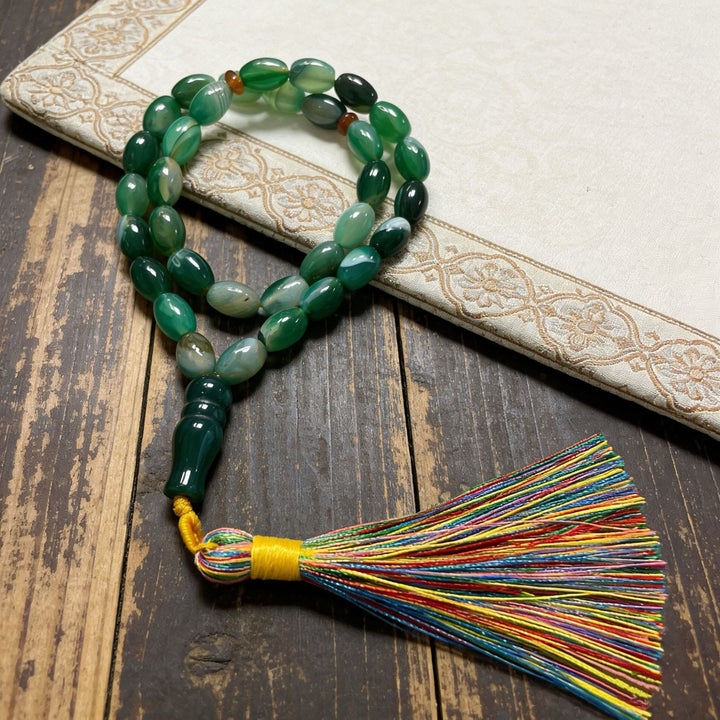 HilalHaven Natural Green Agate Oval 33 Beads Tasbih — Handcrafted Multicolor Tassel Meditation Set - image 1