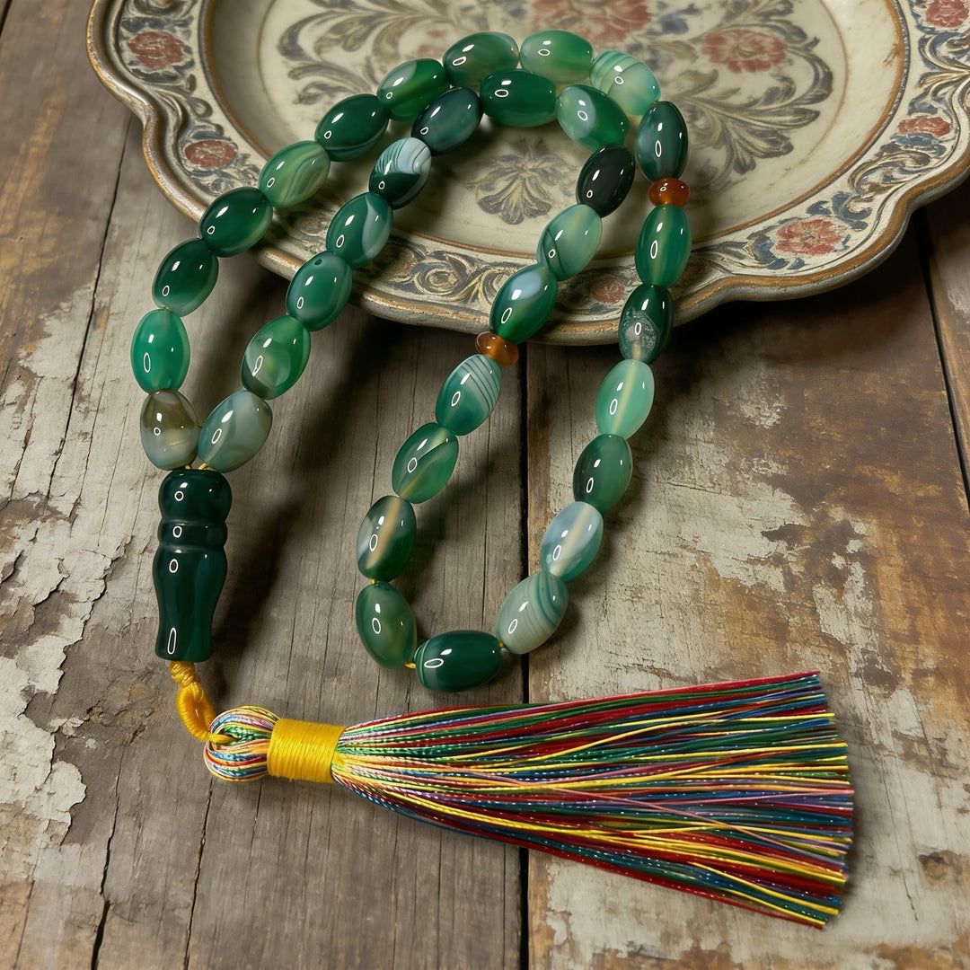 HilalHaven Natural Green Agate Oval 33 Beads Tasbih — Handcrafted Multicolor Tassel Meditation Set - image 2