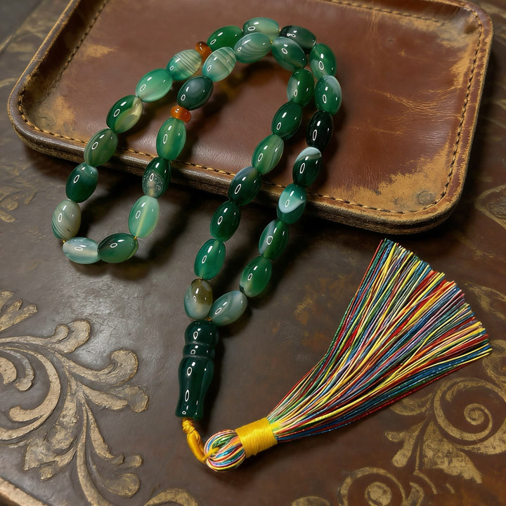 HilalHaven Natural Green Agate Oval 33 Beads Tasbih — Handcrafted Multicolor Tassel Meditation Set - Green Agate - image 0