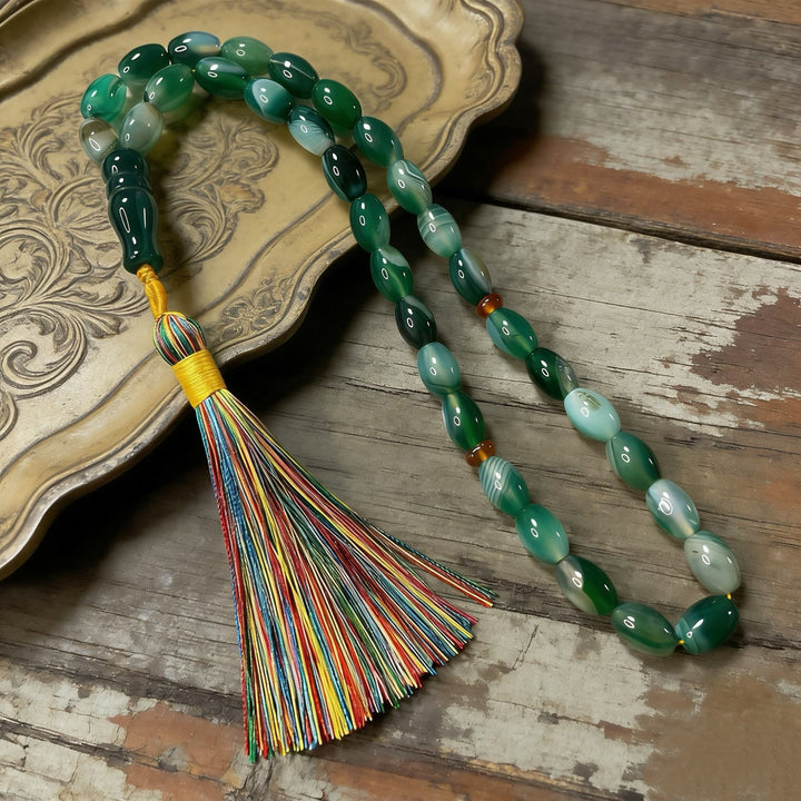 HilalHaven Natural Green Agate Oval 33 Beads Tasbih — Handcrafted Multicolor Tassel Meditation Set - image 3