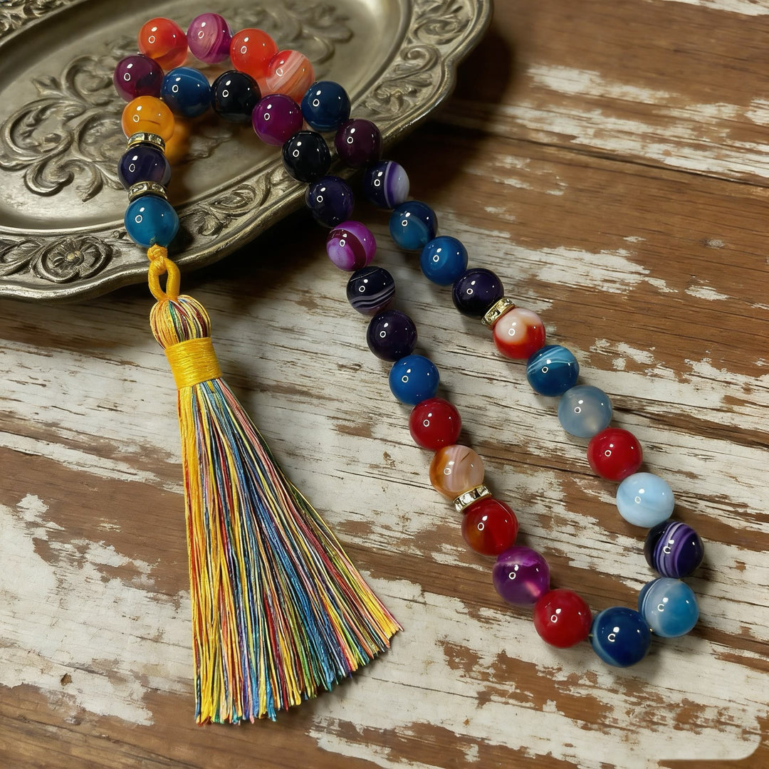 HilalHaven Natural Multicolor Agate 33 Beads Tasbih — Rainbow Tassel Mindfulness Prayer Set - image 0