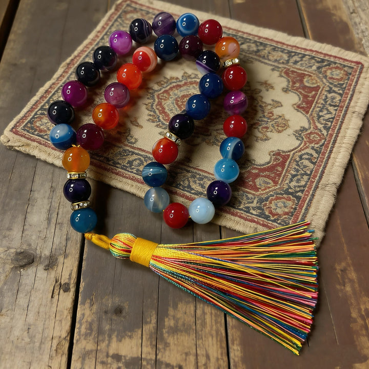 HilalHaven Natural Multicolor Agate 33 Beads Tasbih — Rainbow Tassel Mindfulness Prayer Set - image 1