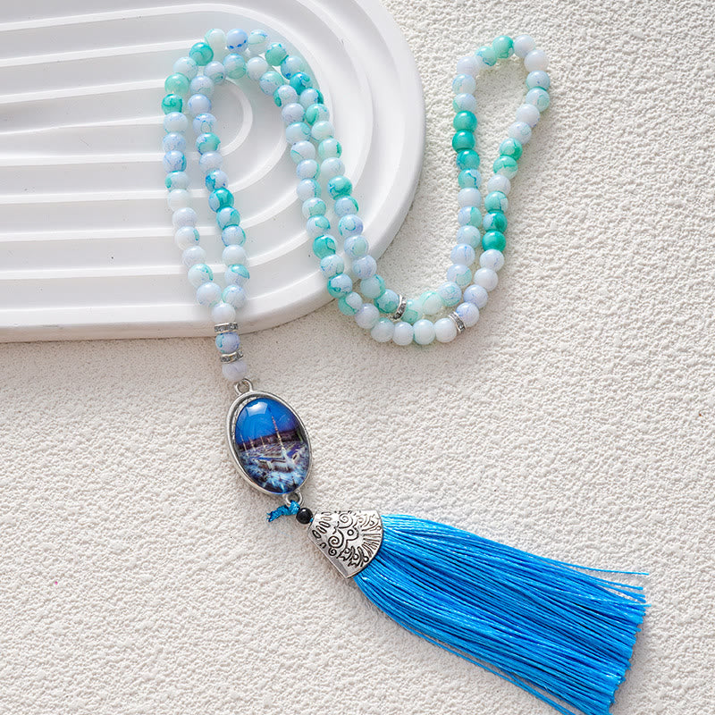 HilalHaven Versatile 99 Glass Beads Tasbih ——  Tassel Meditation Beads in Multiple Hues - Milky White Blue - image 5