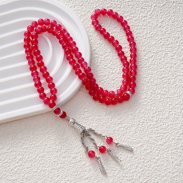HilalHaven Versatile Glass Bead Set — Multicolor Strand with Feather Tassel - Red - image 6