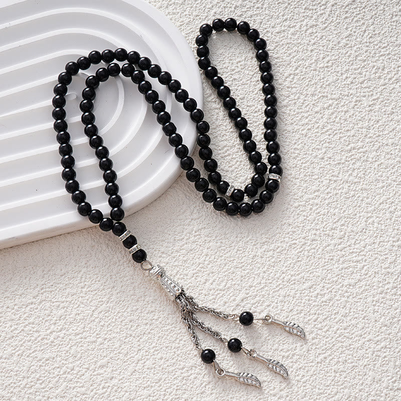 HilalHaven Versatile Glass Bead Set — Multicolor Strand with Feather Tassel - Black - image 5