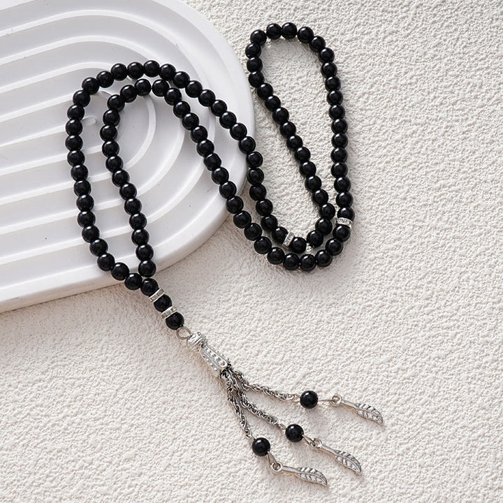 HilalHaven Versatile Glass Bead Set — Multicolor Strand with Feather Tassel - Black - image 5
