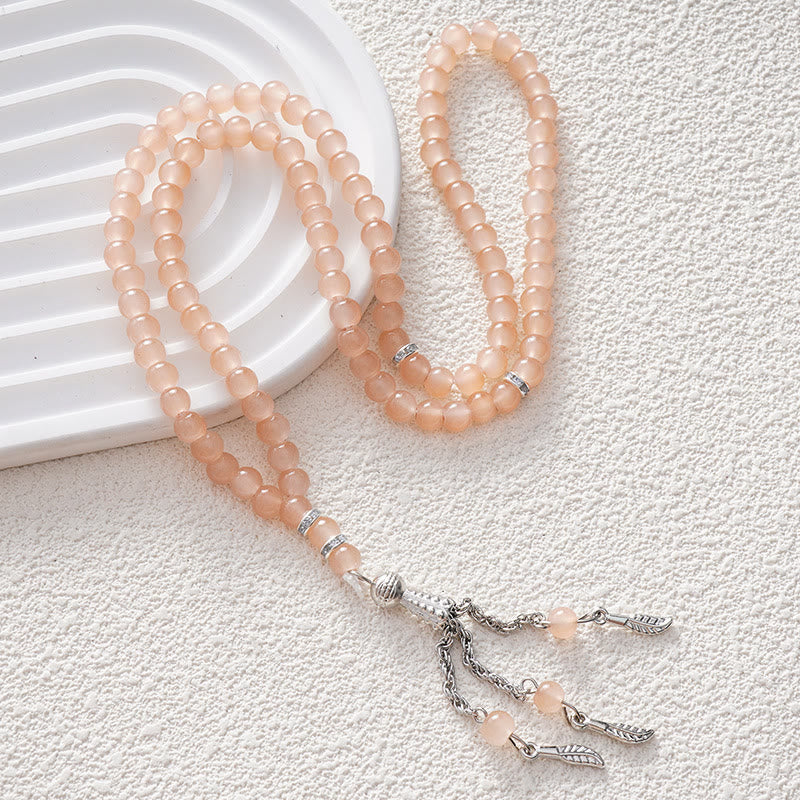 HilalHaven Versatile Glass Bead Set — Multicolor Strand with Feather Tassel - Pink - image 0