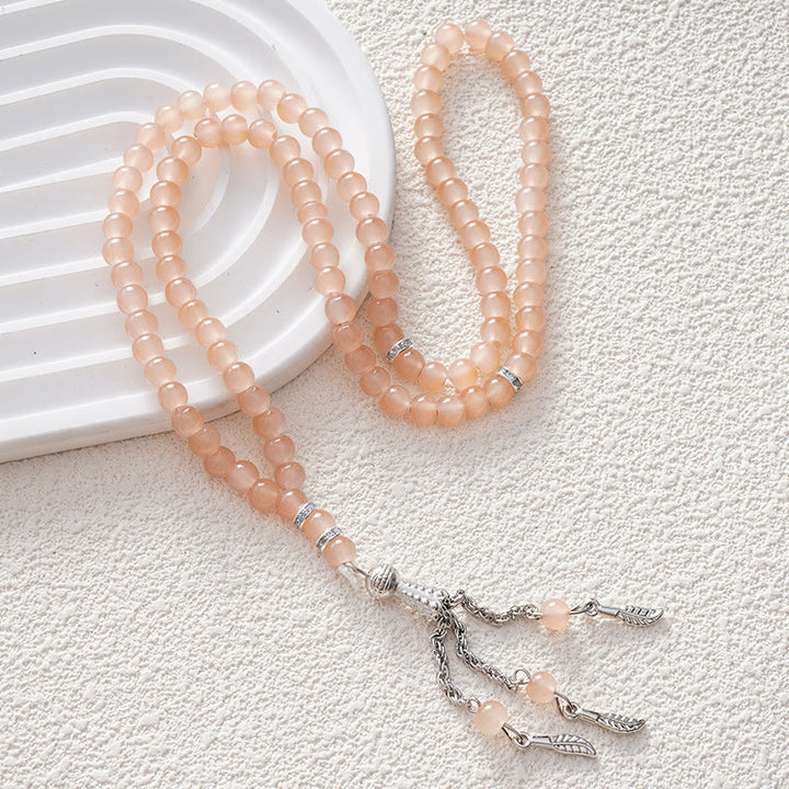 HilalHaven Versatile Glass Bead Set — Multicolor Strand with Feather Tassel - Pink - image 0