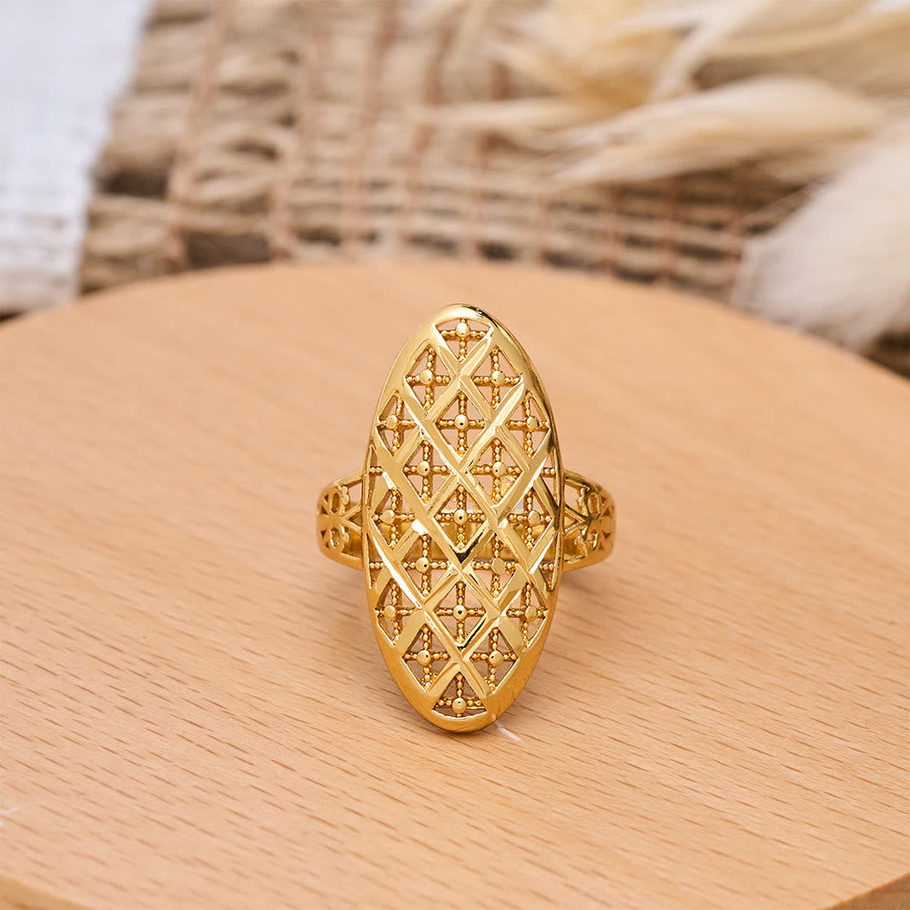 HilalHaven Unisex Gold-Plated Openwork Rings — 5 Modern Openwork Styles - Golden Diamond Grid Statement Ring - US10 - image 10