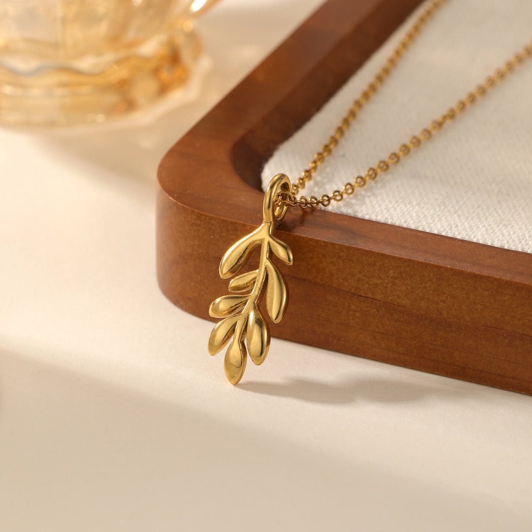 HilalHaven Nature-Inspired Olive Branch Necklace — Gold-Plated Stainless Steel Pendant - Golden - image 2