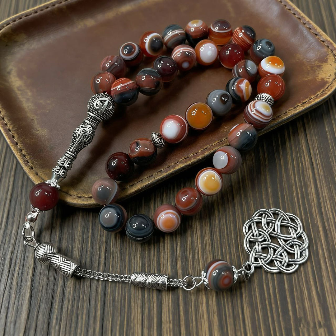 HilalHaven Artisan Agate Bead Strand — Silver Celtic Knot Pendant Mindfulness Prayer Set - image 0