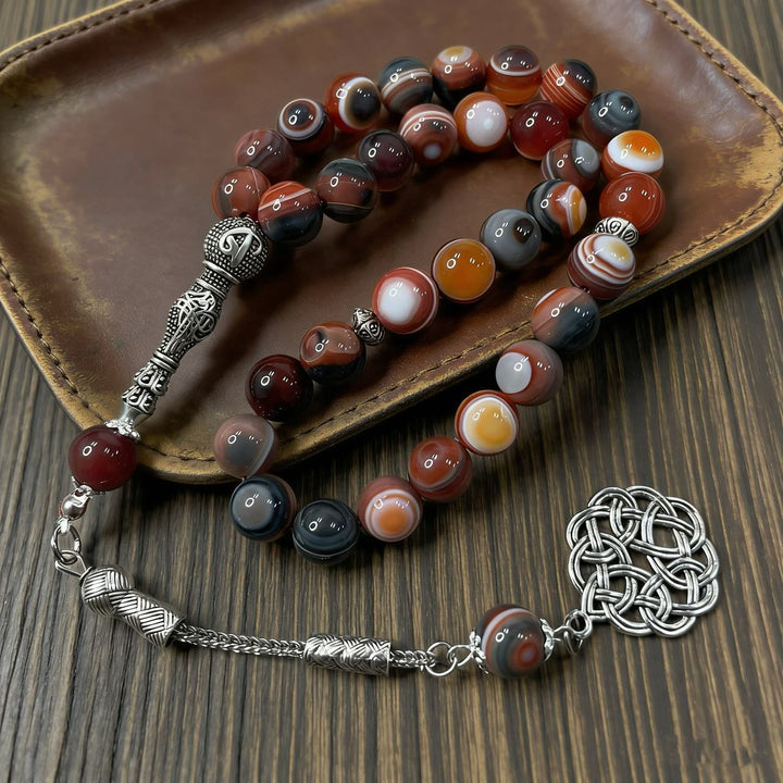 HilalHaven Artisan Agate Bead Strand — Silver Celtic Knot Pendant Mindfulness Prayer Set - image 0
