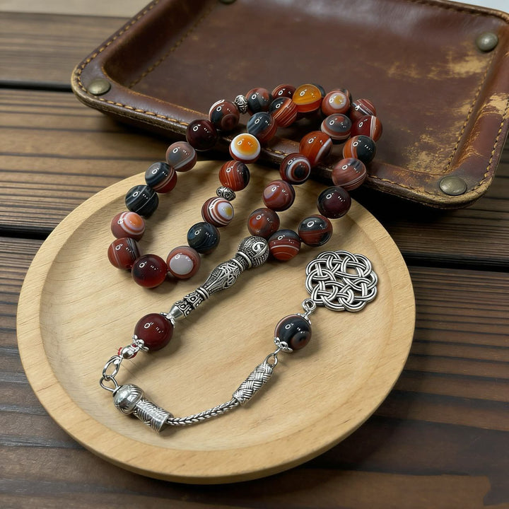 HilalHaven Artisan Agate Bead Strand — Silver Celtic Knot Pendant Mindfulness Prayer Set - Burgundy - image 4