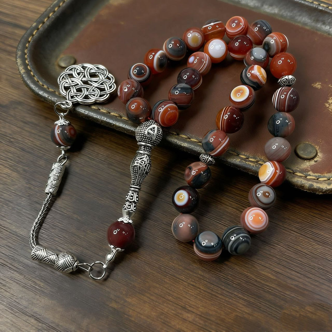 HilalHaven Artisan Agate Bead Strand — Silver Celtic Knot Pendant Mindfulness Prayer Set - image 3