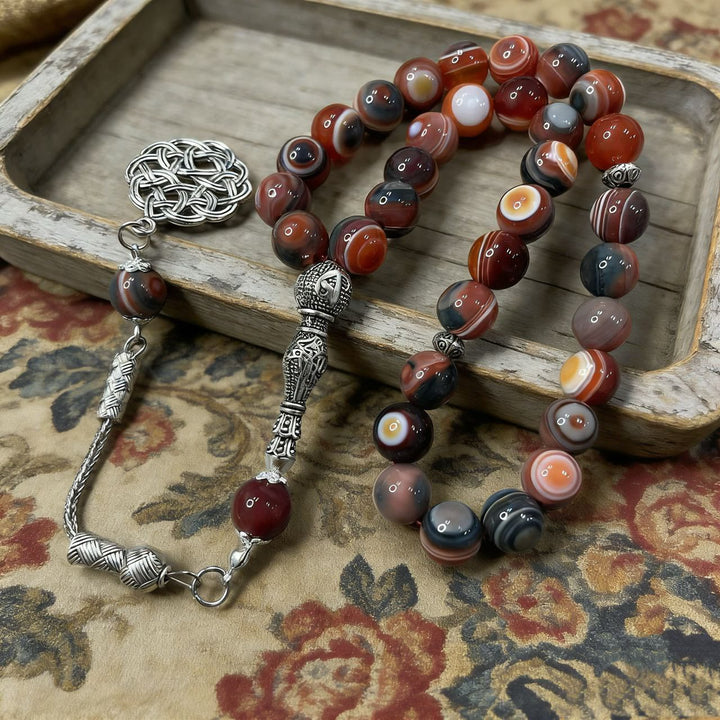 HilalHaven Artisan Agate Bead Strand — Silver Celtic Knot Pendant Mindfulness Prayer Set - image 7