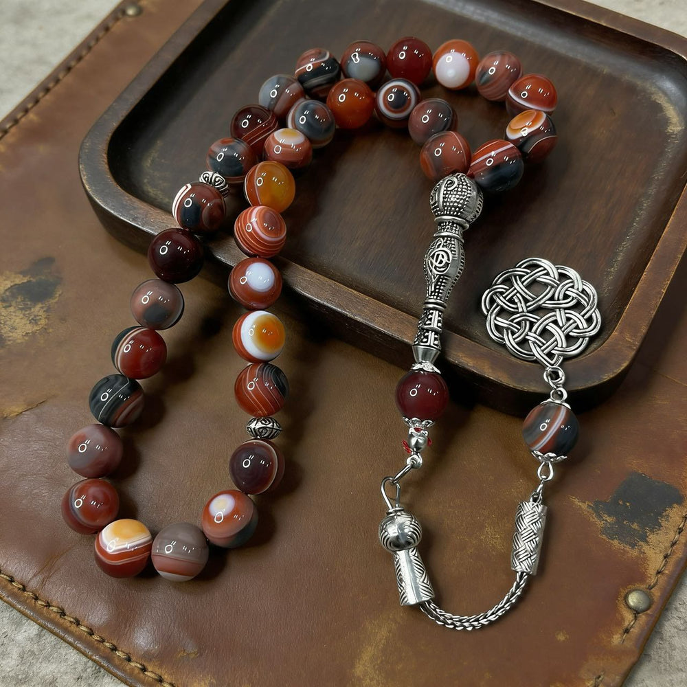HilalHaven Artisan Agate Bead Strand — Silver Celtic Knot Pendant Mindfulness Prayer Set - image 1